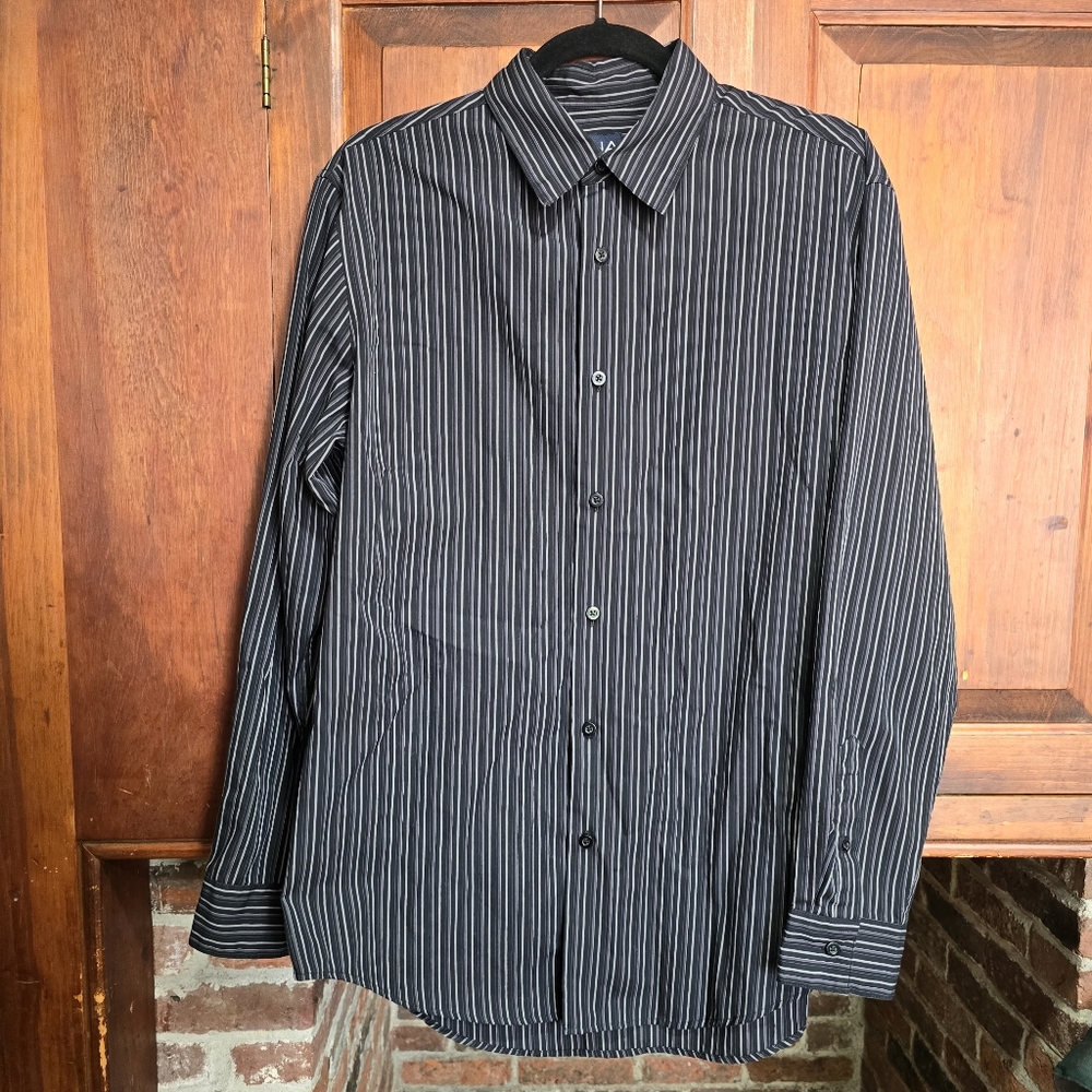 John Ashford Long Sleeve Striped Button-Down Shirt - Medium - Black & Grey
